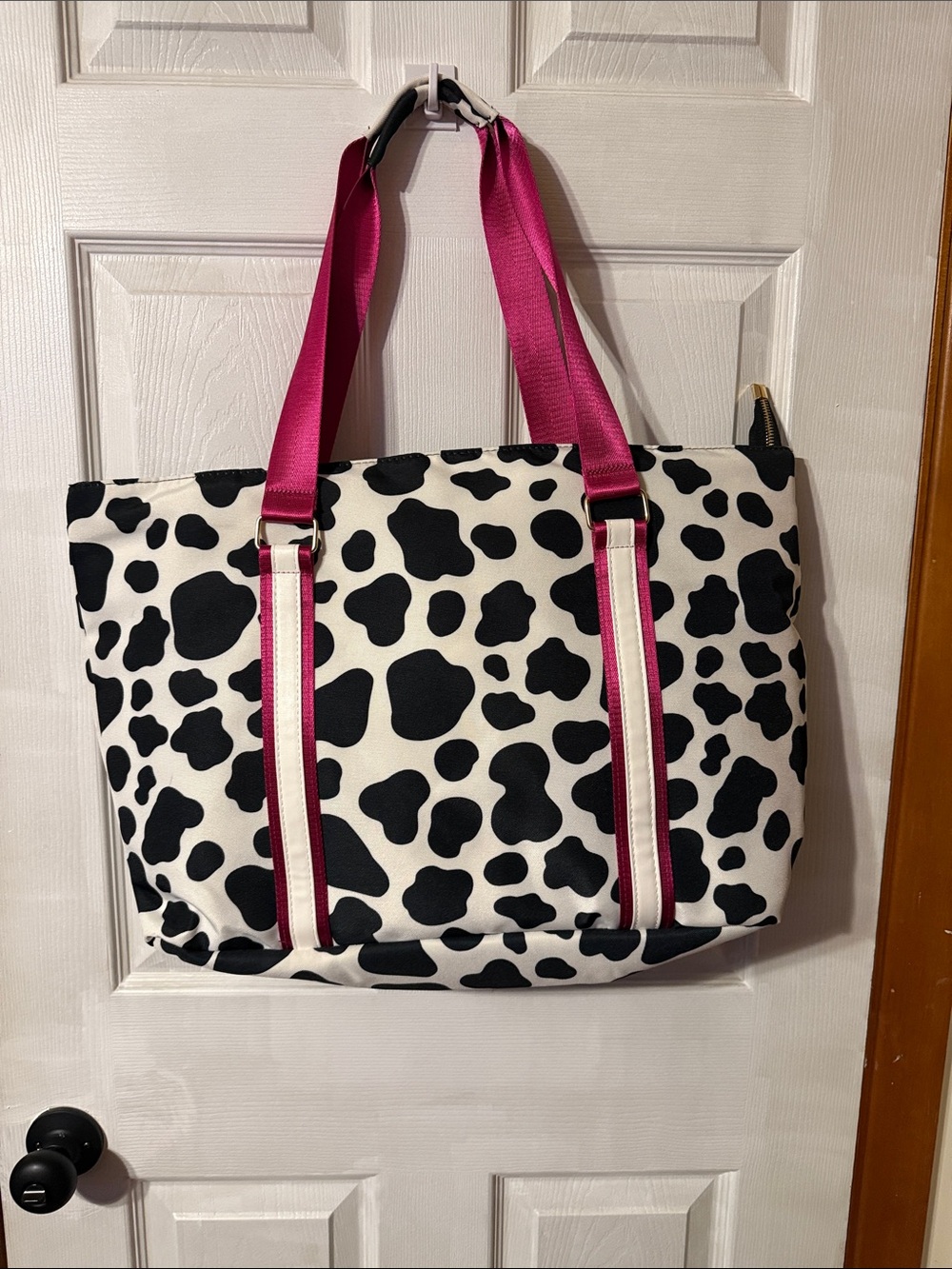 Katydid Black and White Cow Print Tote with Fuchsia Straps
